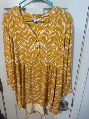 Wonderly Mustard Yellow & White V-Neck Patterned Tunic